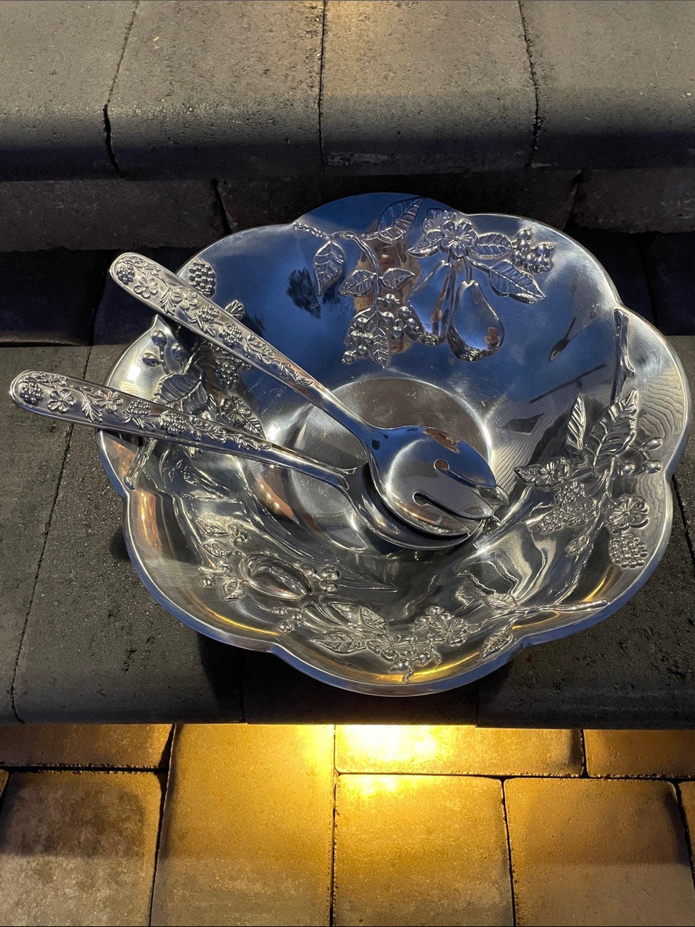 Elegant Lenox Silver Embossed Serving Bowl with Matching Servers